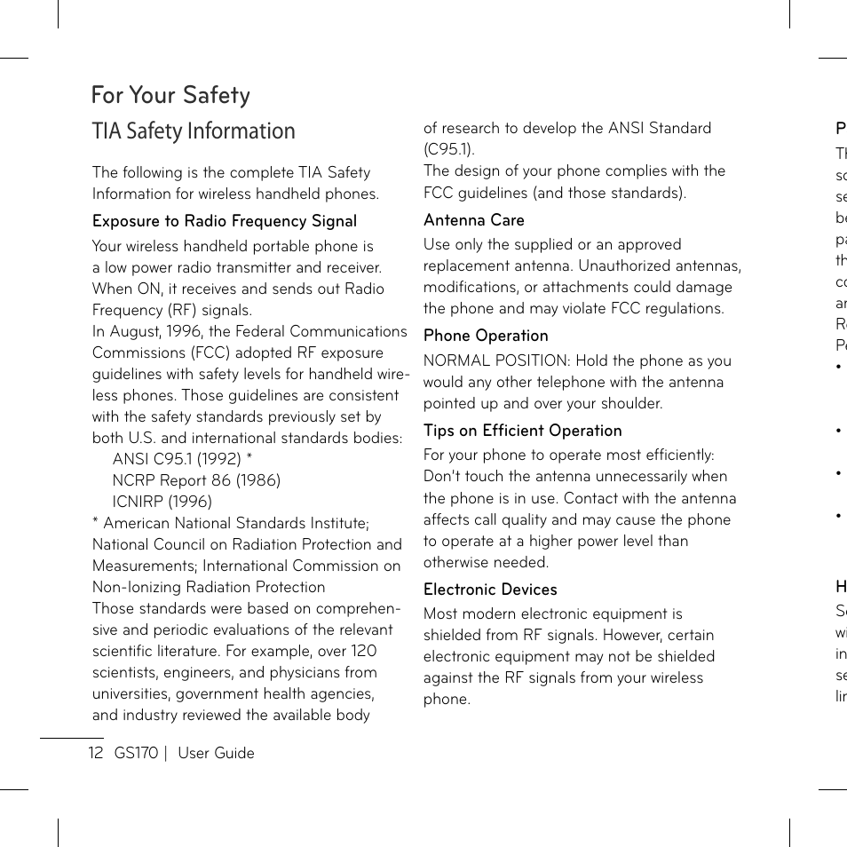 For your safety, Tia safety information | LG GS170 User Manual | Page 14 / 46