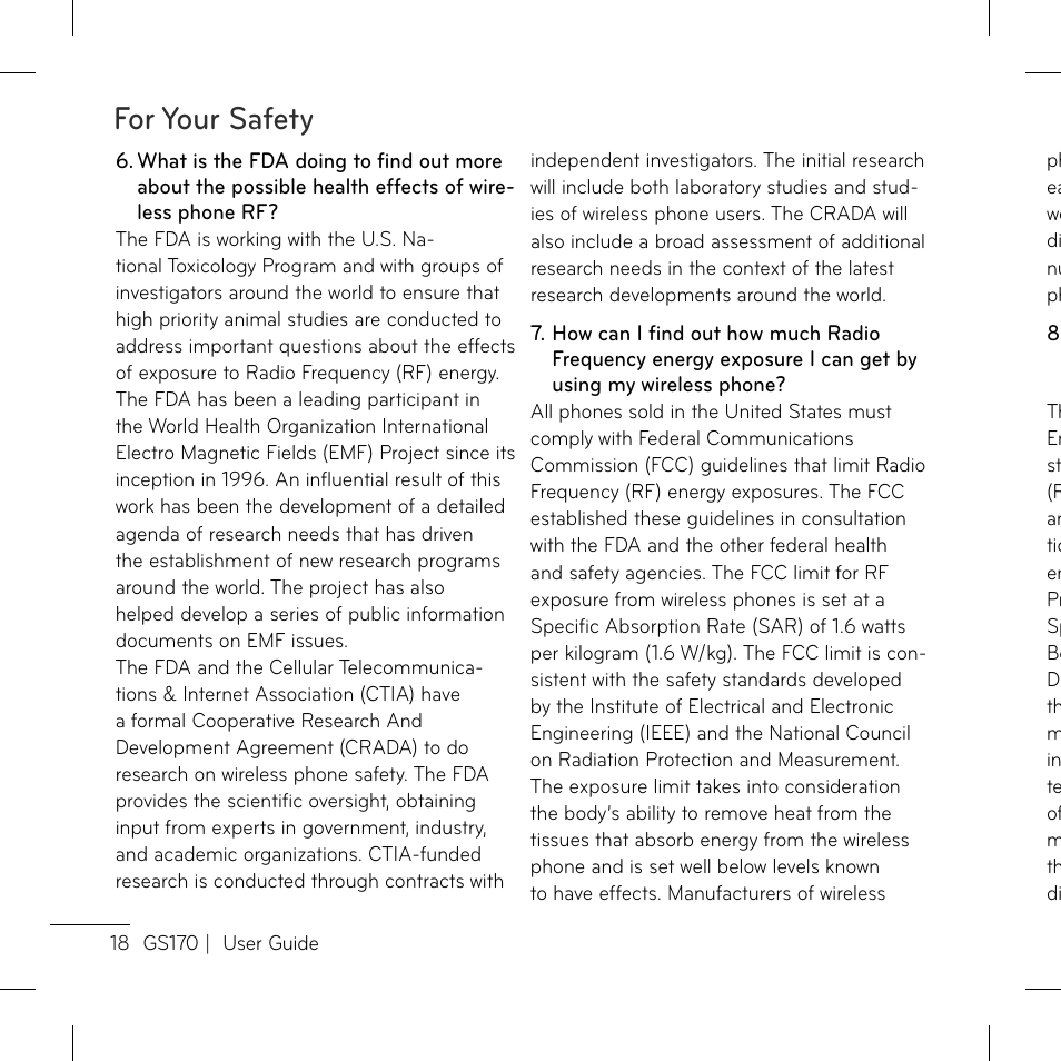 For your safety | LG GS170 User Manual | Page 20 / 46