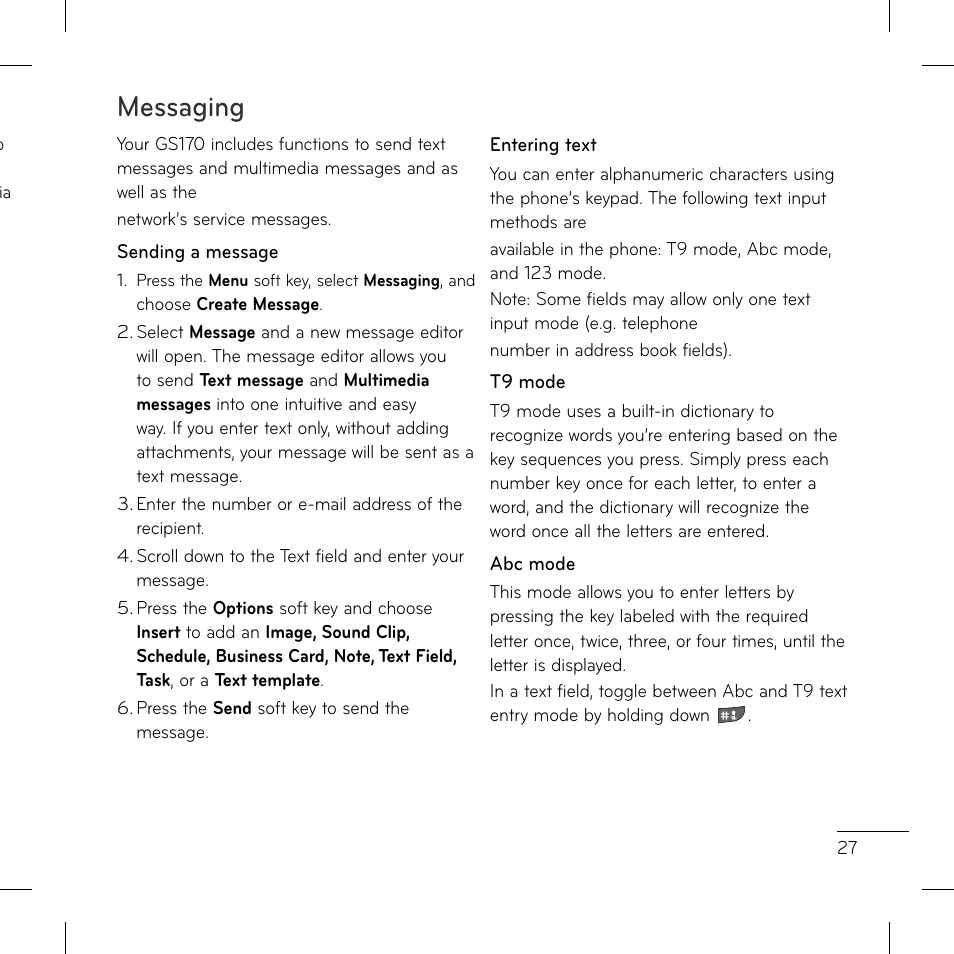 Messaging | LG GS170 User Manual | Page 29 / 46