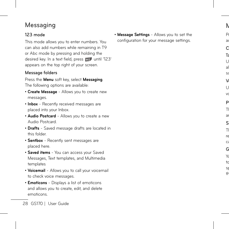 Messaging | LG GS170 User Manual | Page 30 / 46