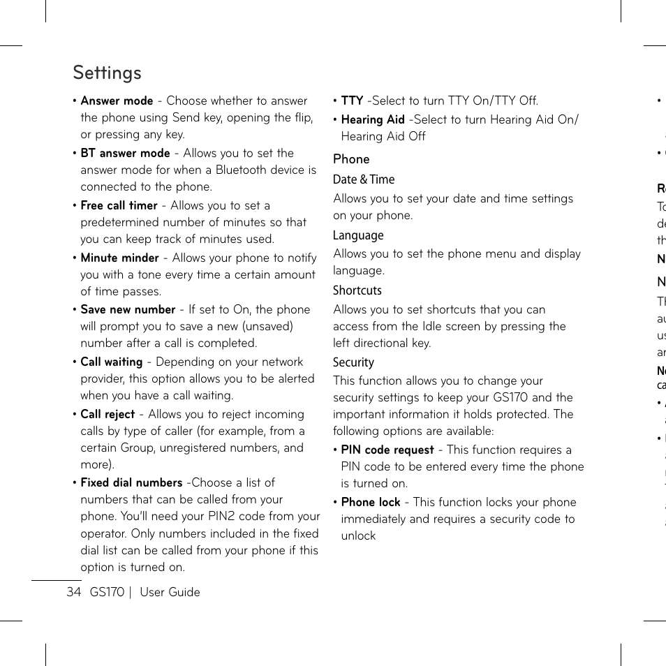 Settings | LG GS170 User Manual | Page 36 / 46