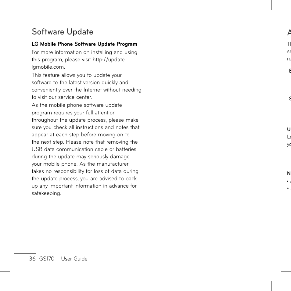 Software update | LG GS170 User Manual | Page 38 / 46