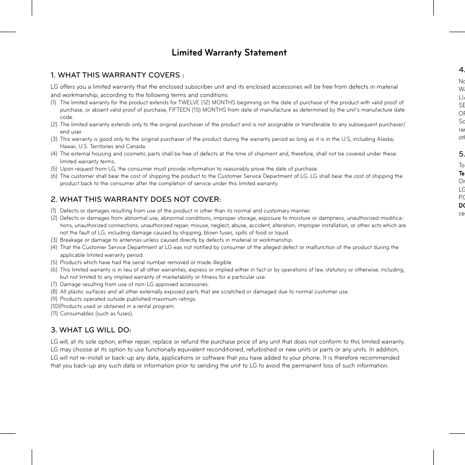 Limited warranty statement | LG GS170 User Manual | Page 40 / 46