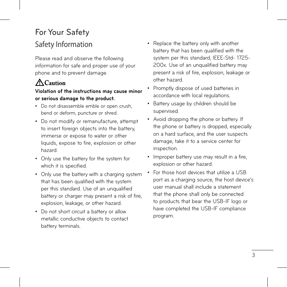 For your safety, Safety information | LG GS170 User Manual | Page 5 / 46