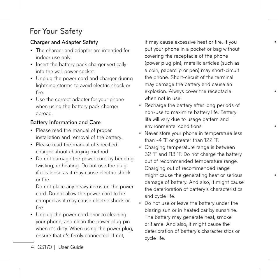 For your safety | LG GS170 User Manual | Page 6 / 46