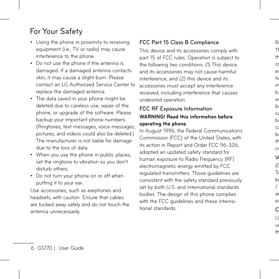 For your safety | LG GS170 User Manual | Page 8 / 46