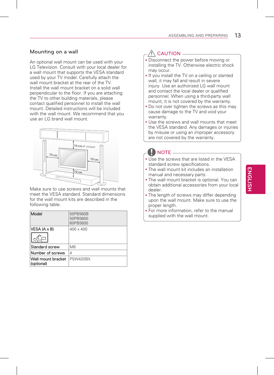 English, Mounting on a wall | LG 60PB5600 User Manual | Page 13 / 24