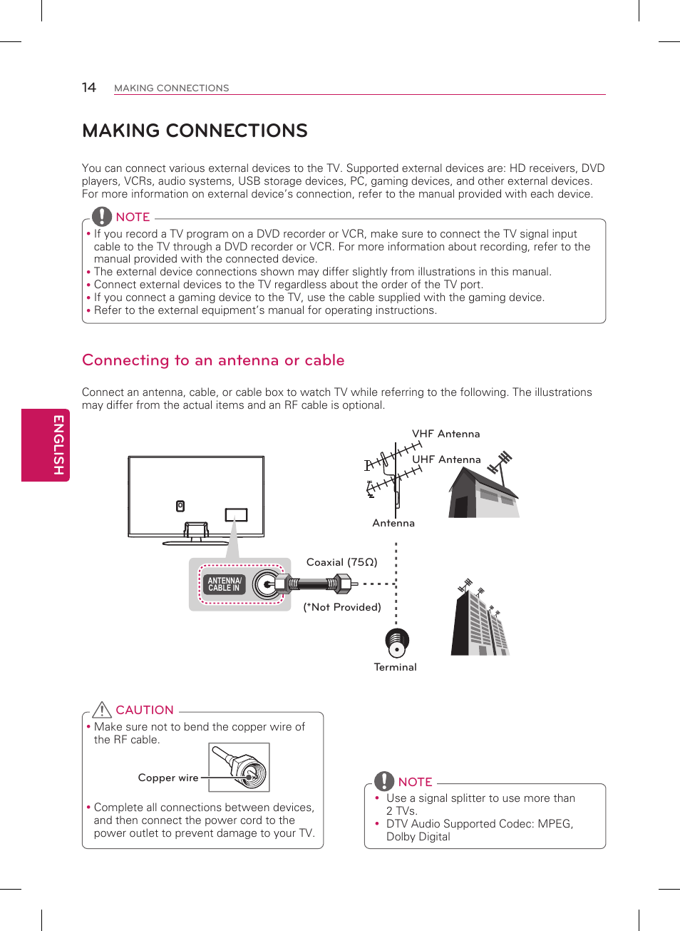 Making connections, Connecting to an antenna or cable, English 14 | LG 60PB5600 User Manual | Page 14 / 24