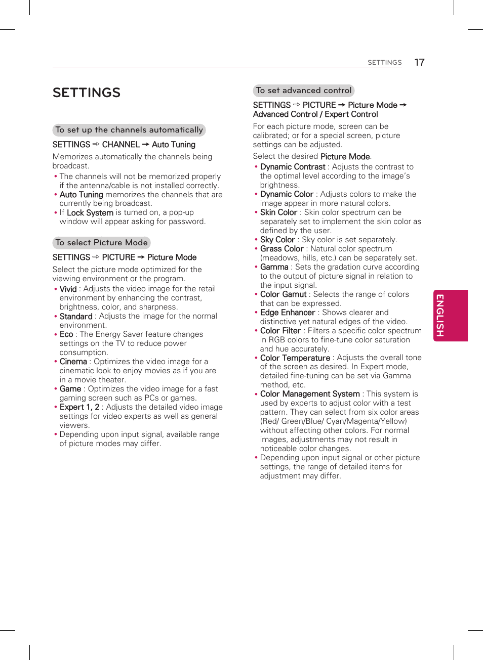 Settings, English | LG 60PB5600 User Manual | Page 17 / 24