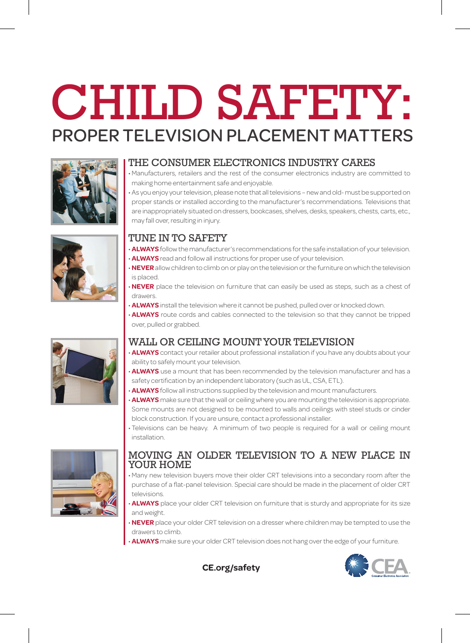 Child safety, Proper television placement matters, The consumer electronics industry cares | Tune in to safety, Wall or ceiling mount your television | LG 60PB5600 User Manual | Page 23 / 24