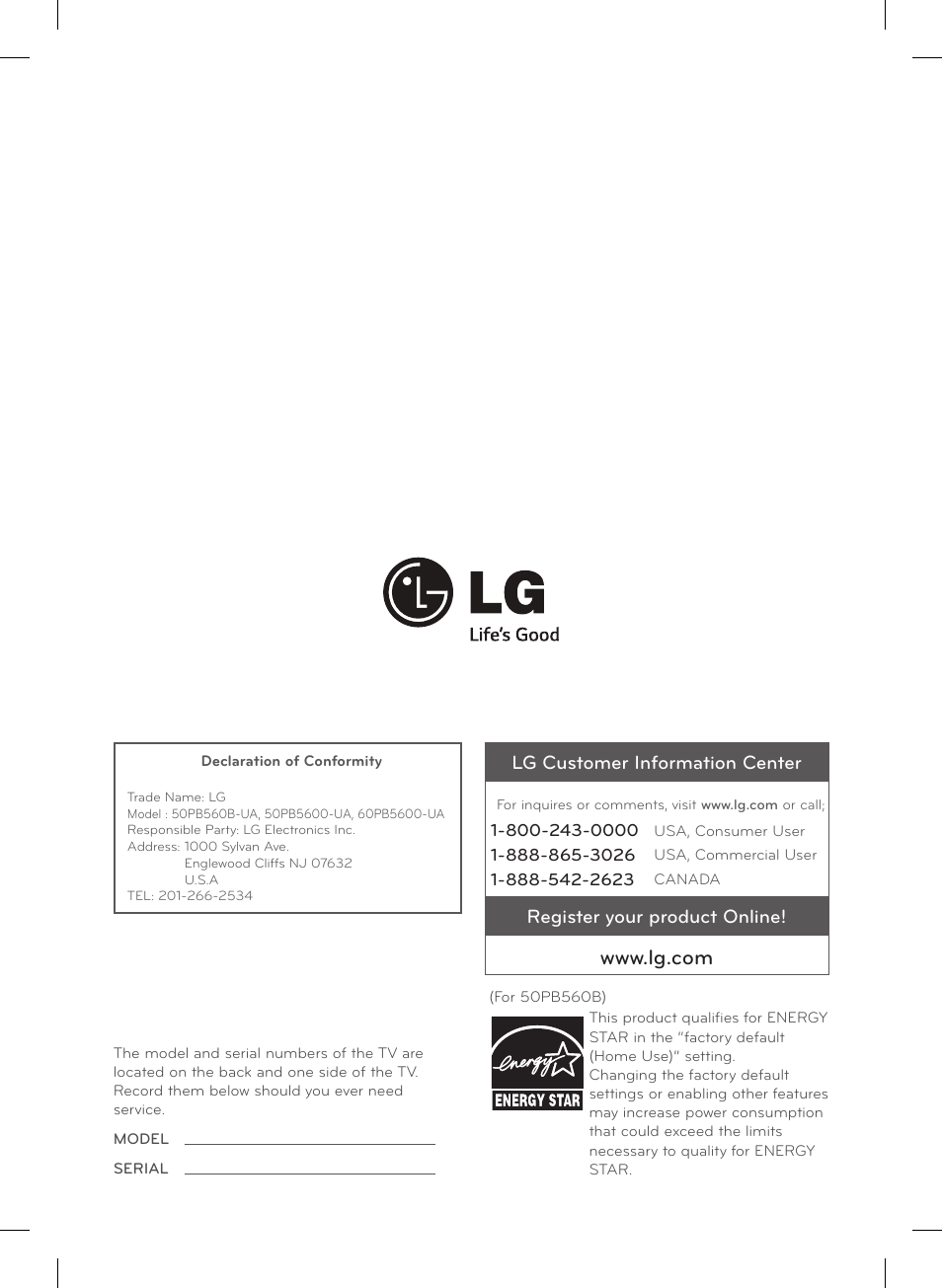 Lg customer information center, Register your product online | LG 60PB5600 User Manual | Page 24 / 24