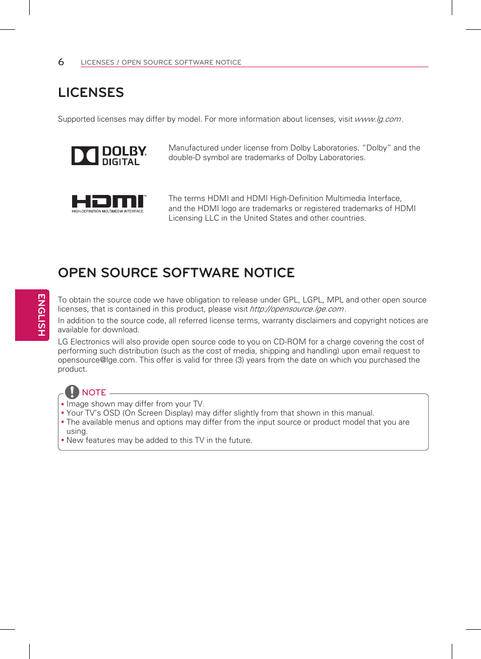 Licenses, Open source software notice | LG 60PB5600 User Manual | Page 6 / 24