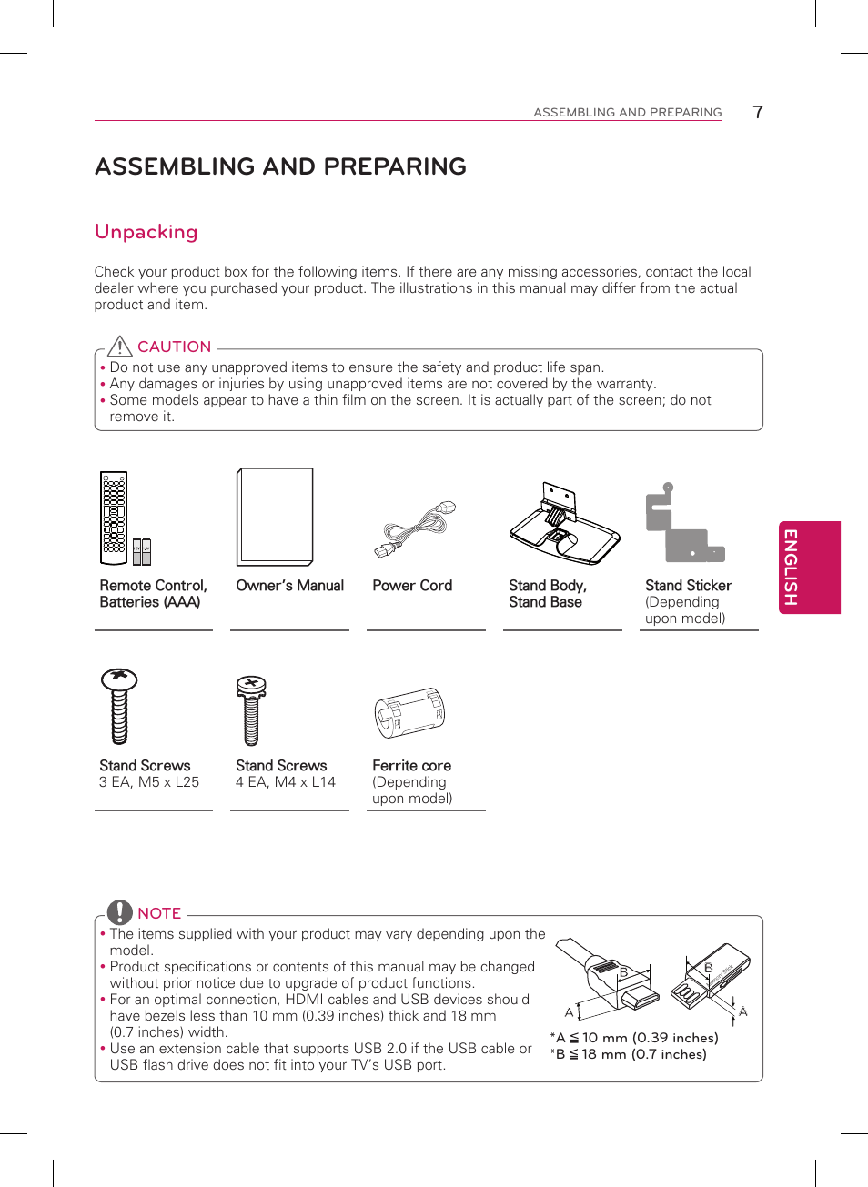 Assembling and preparing, Unpacking, English | LG 60PB5600 User Manual | Page 7 / 24