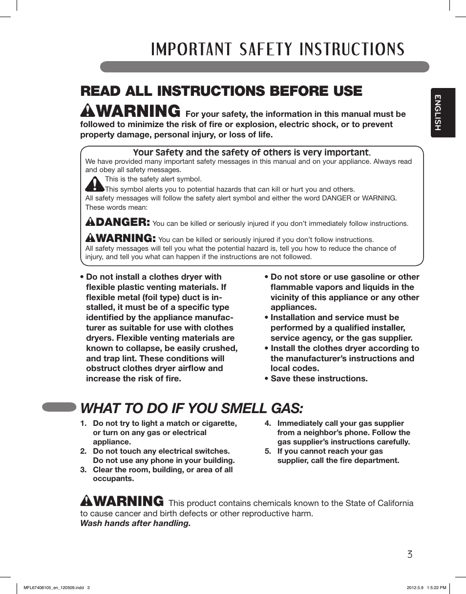 Read all instructions before use, What to do if you smell gas, Wdanger | Wwarning | LG DLEX5101V User Manual | Page 3 / 92