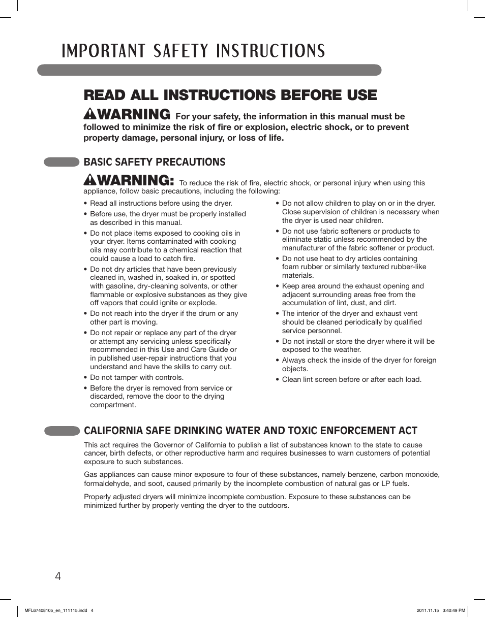 Read all instructions before use w warning, Wwarning, Basic safety precautions | LG DLEX5101V User Manual | Page 4 / 92