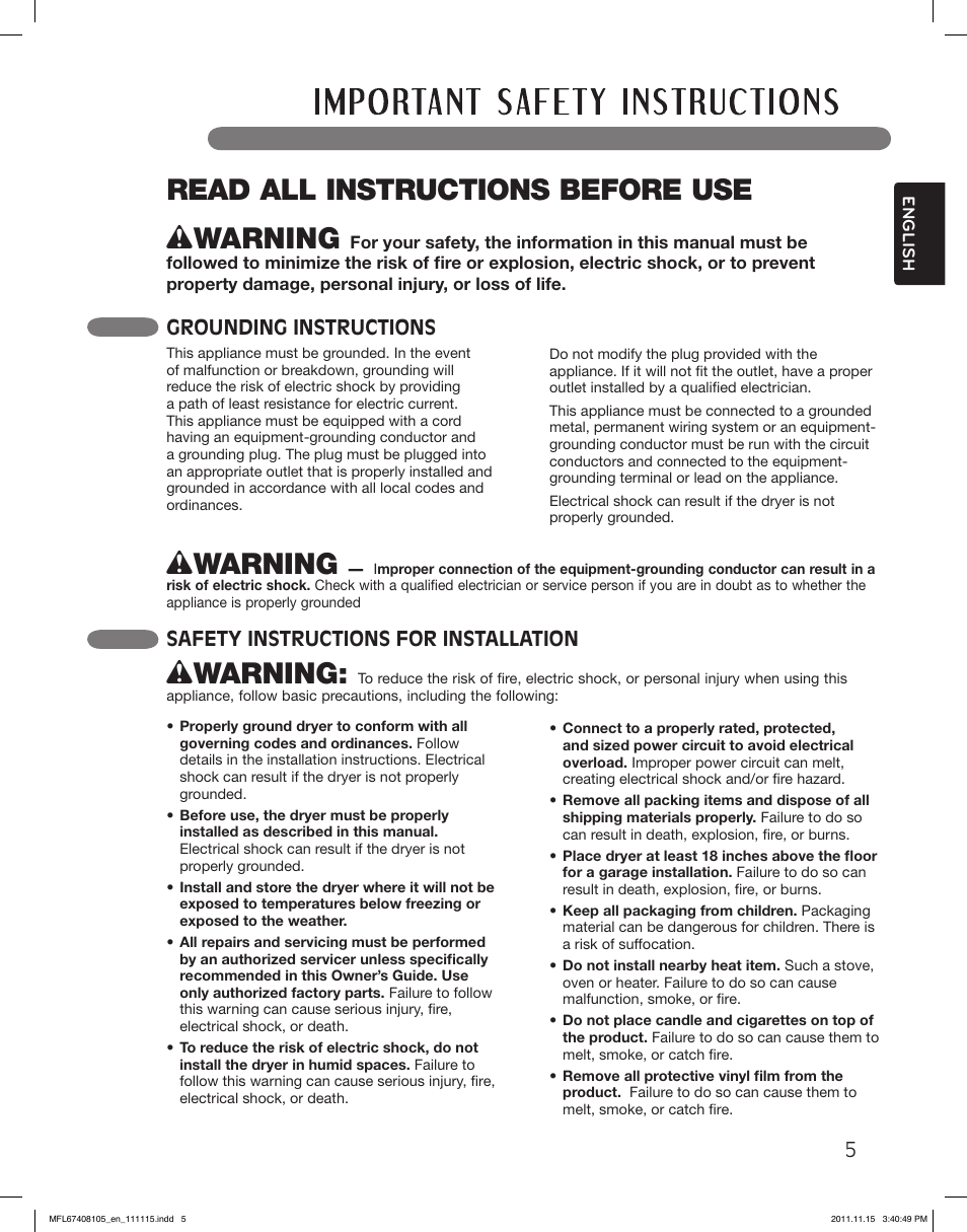 Read all instructions before use w warning, Wwarning, Grounding instructions | Safety instructions for installation | LG DLEX5101V User Manual | Page 5 / 92