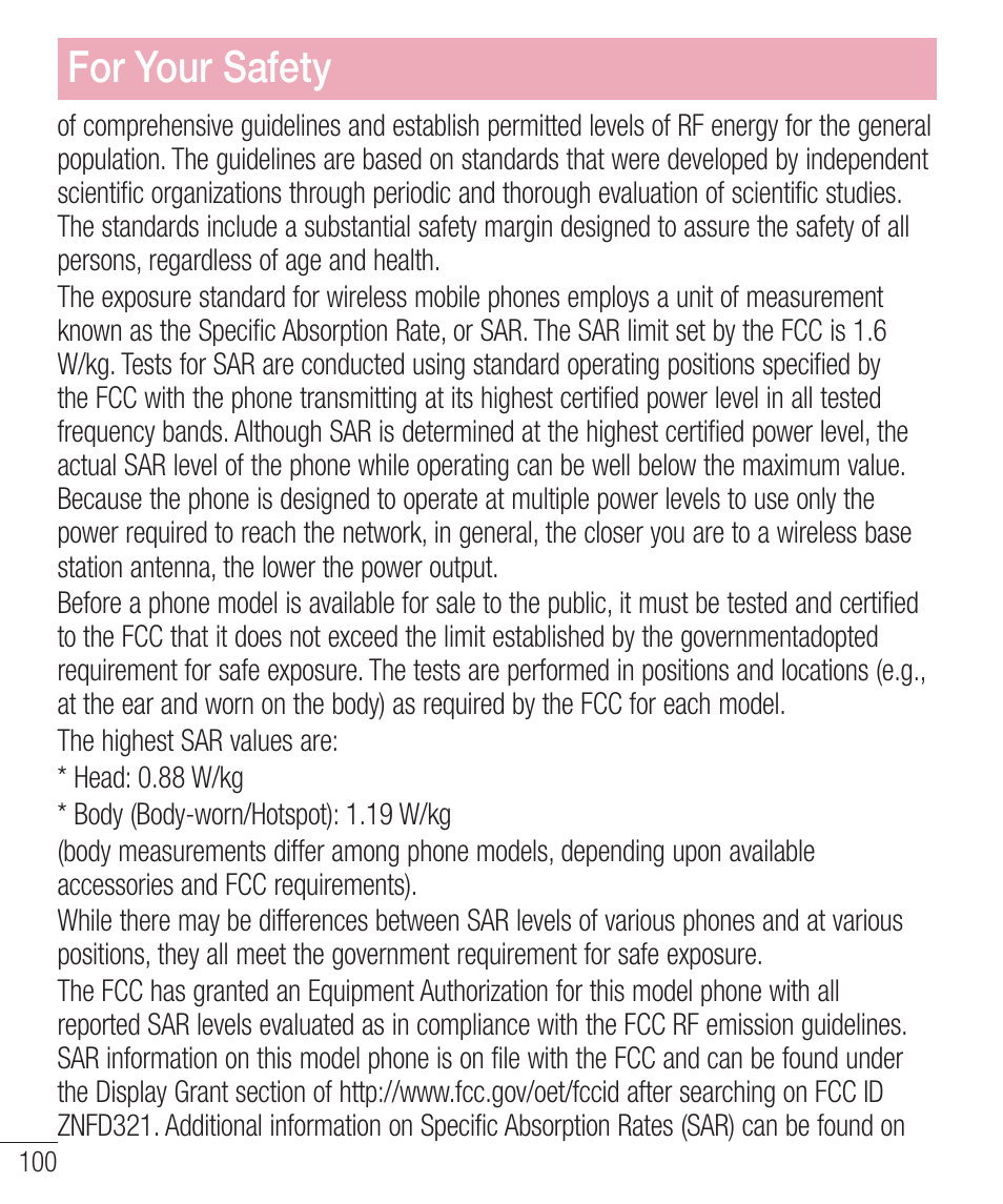 For your safety | LG LGD321 User Manual | Page 102 / 118