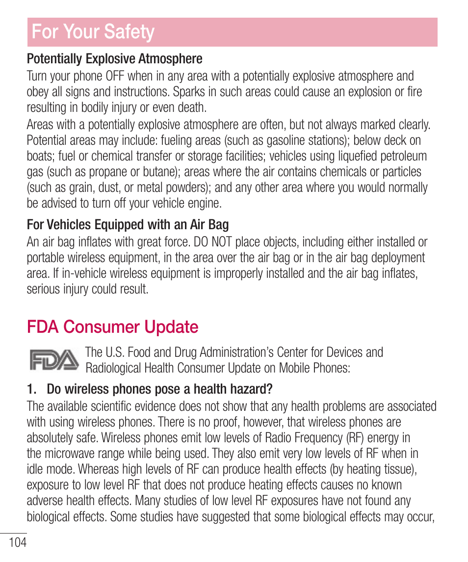 For your safety, Fda consumer update | LG LGD321 User Manual | Page 106 / 118