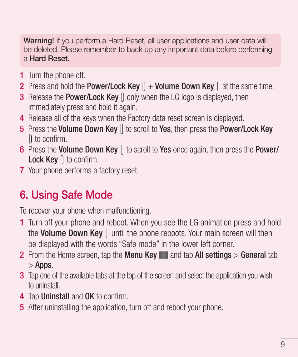 Using safe mode | LG LGD321 User Manual | Page 11 / 118