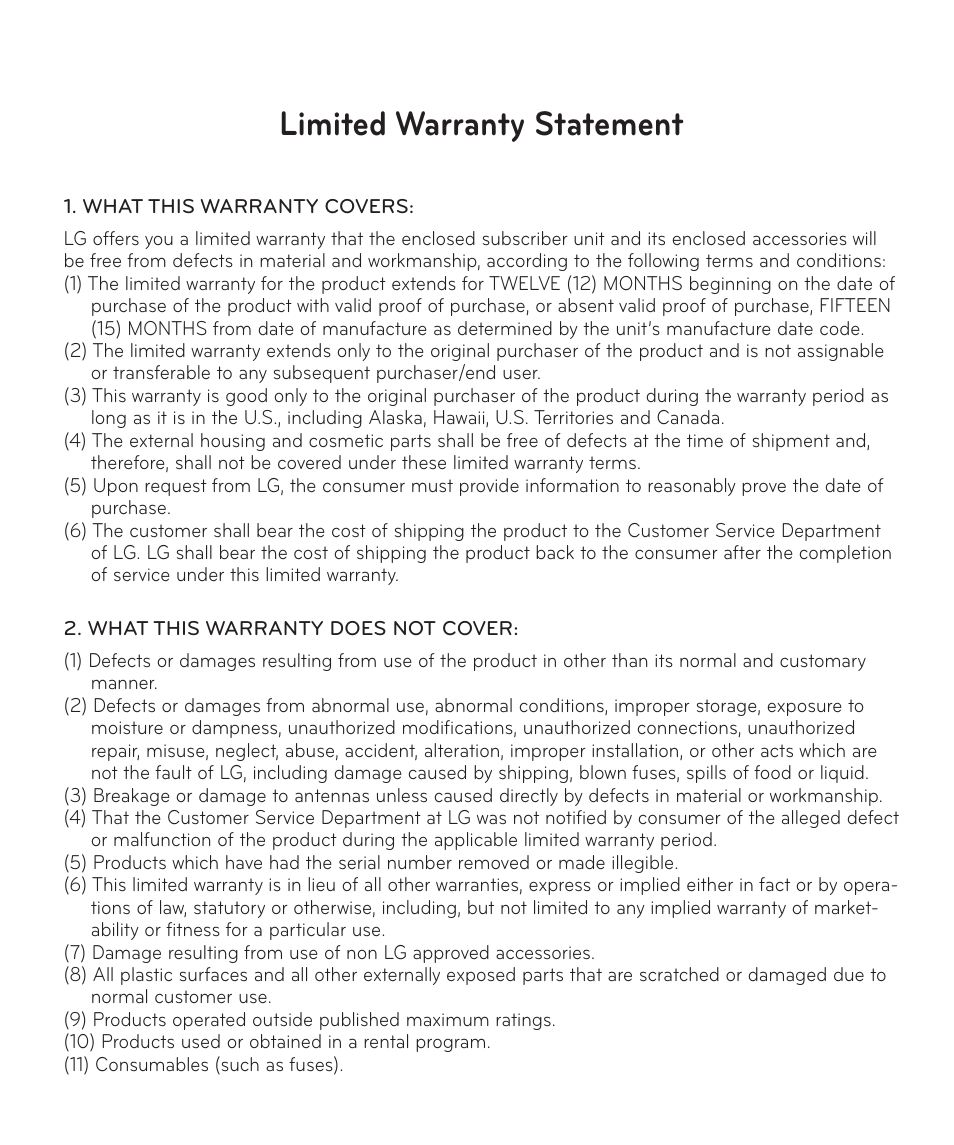 Limited warranty statement | LG LGD321 User Manual | Page 117 / 118