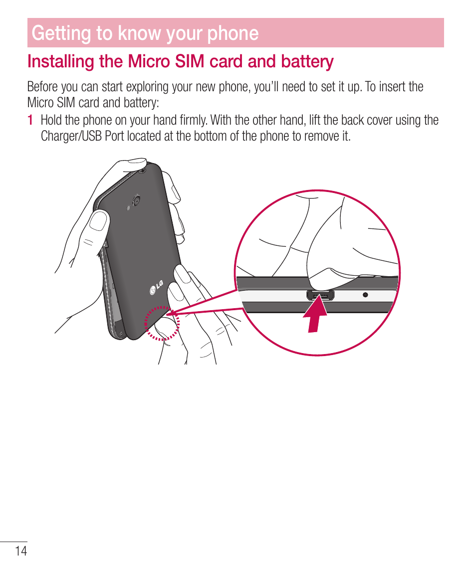 Installing the micro sim card and battery, Otubmmjohuif.jdsp4*.dbseboe cbuufsz, Getting to know your phone | LG LGD321 User Manual | Page 16 / 118