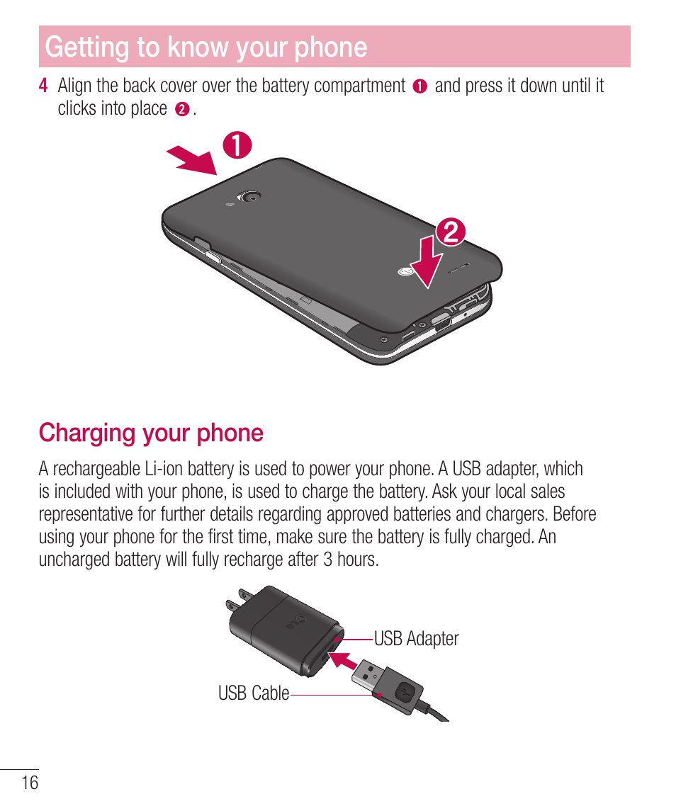 Charging your phone, Ibshjohzpvsqipof, Getting to know your phone | LG LGD321 User Manual | Page 18 / 118