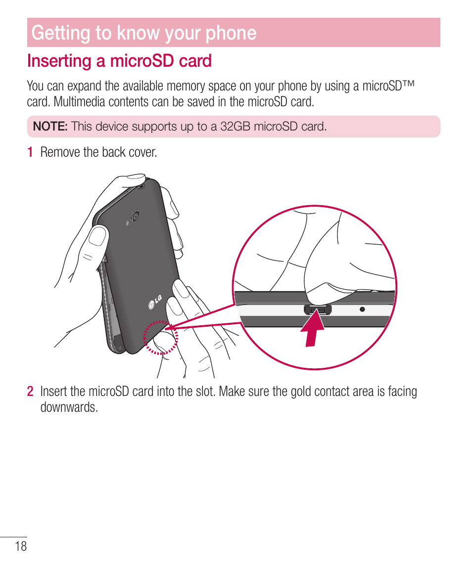 Inserting a microsd card, Otfsujohbnjdsp4%dbse, Getting to know your phone | LG LGD321 User Manual | Page 20 / 118