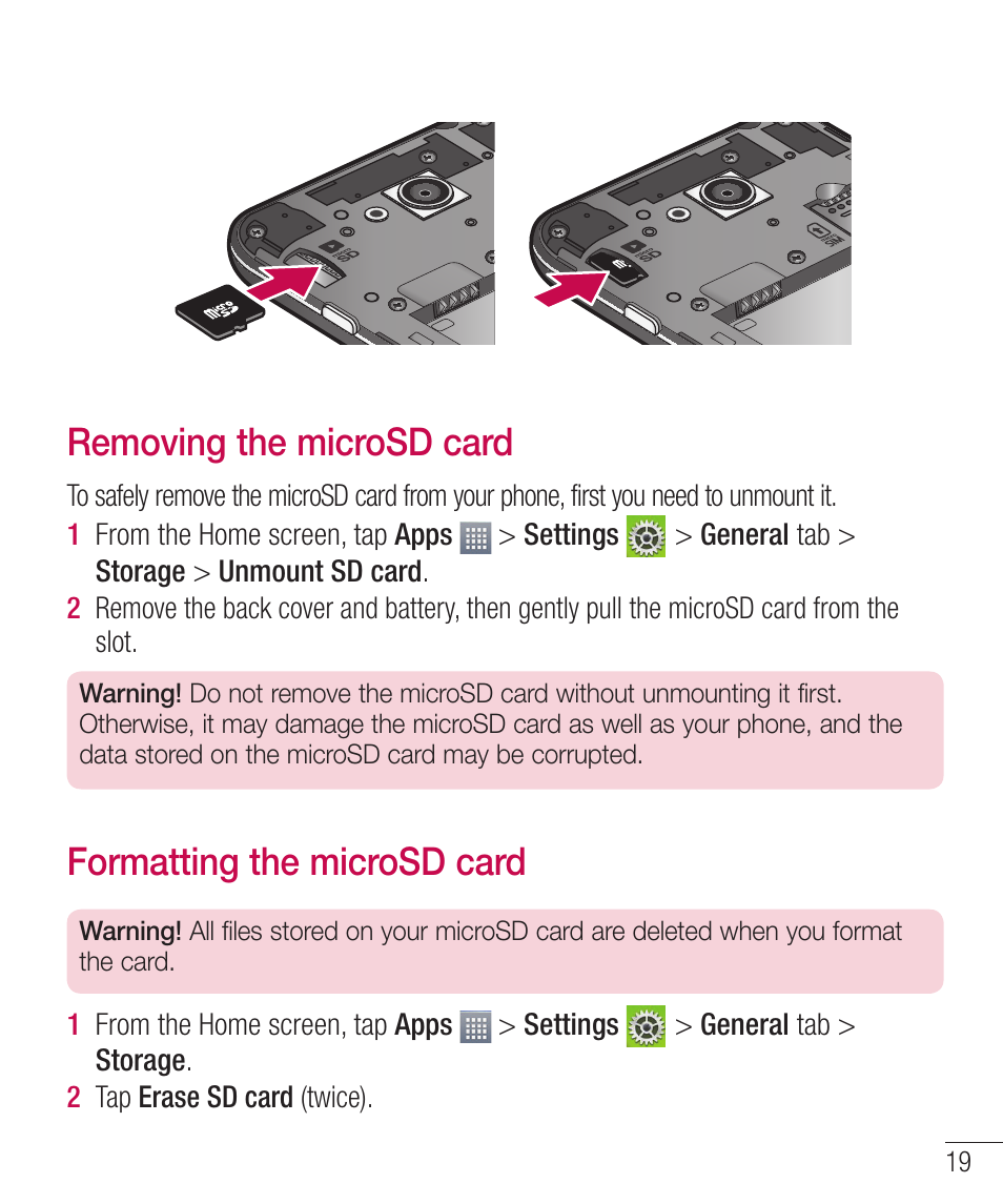 Removing the microsd card, Formatting the microsd card, 3fnpwjohuifnjdsp4%dbse | Psnbuujohuifnjdsp4%dbse | LG LGD321 User Manual | Page 21 / 118