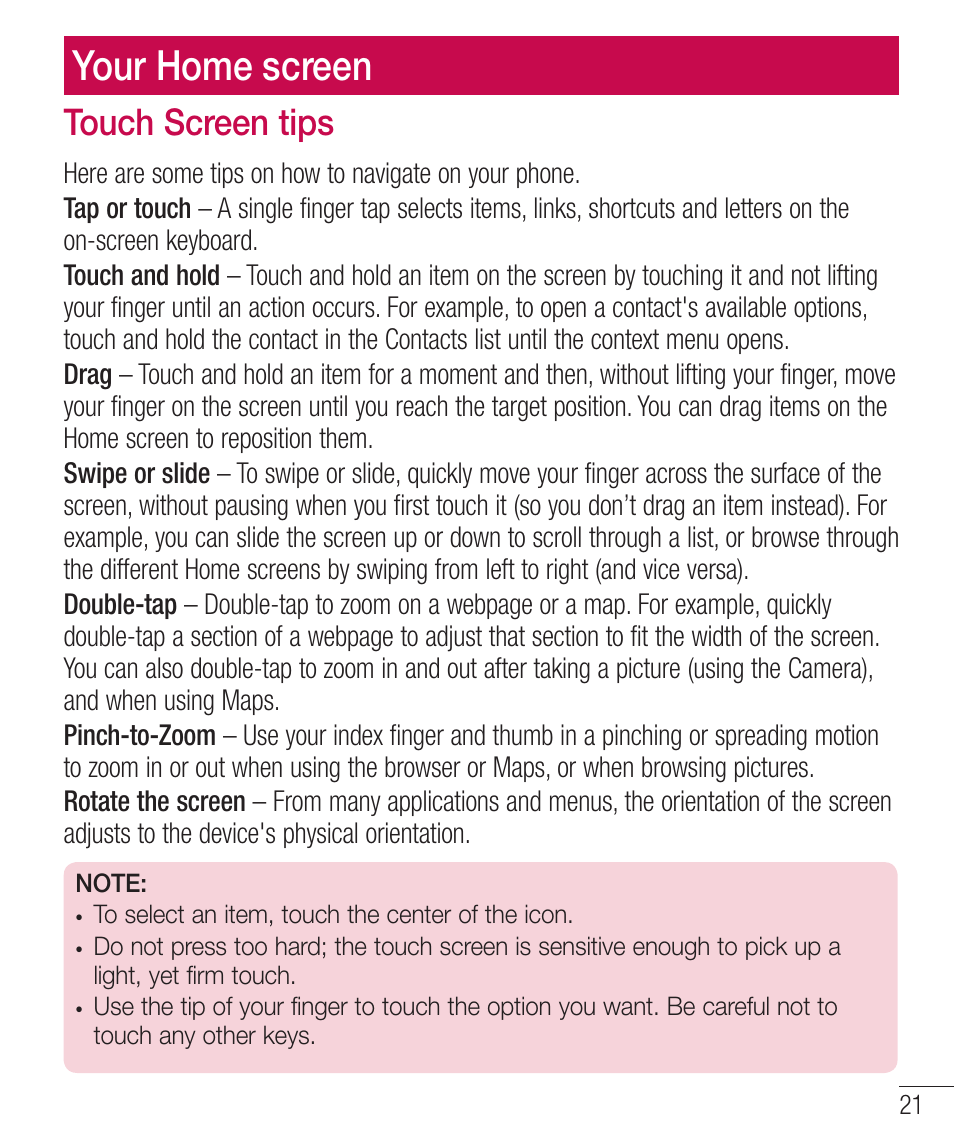 Your home screen, Touch screen tips, 5pvdi4dsffoujqt | LG LGD321 User Manual | Page 23 / 118