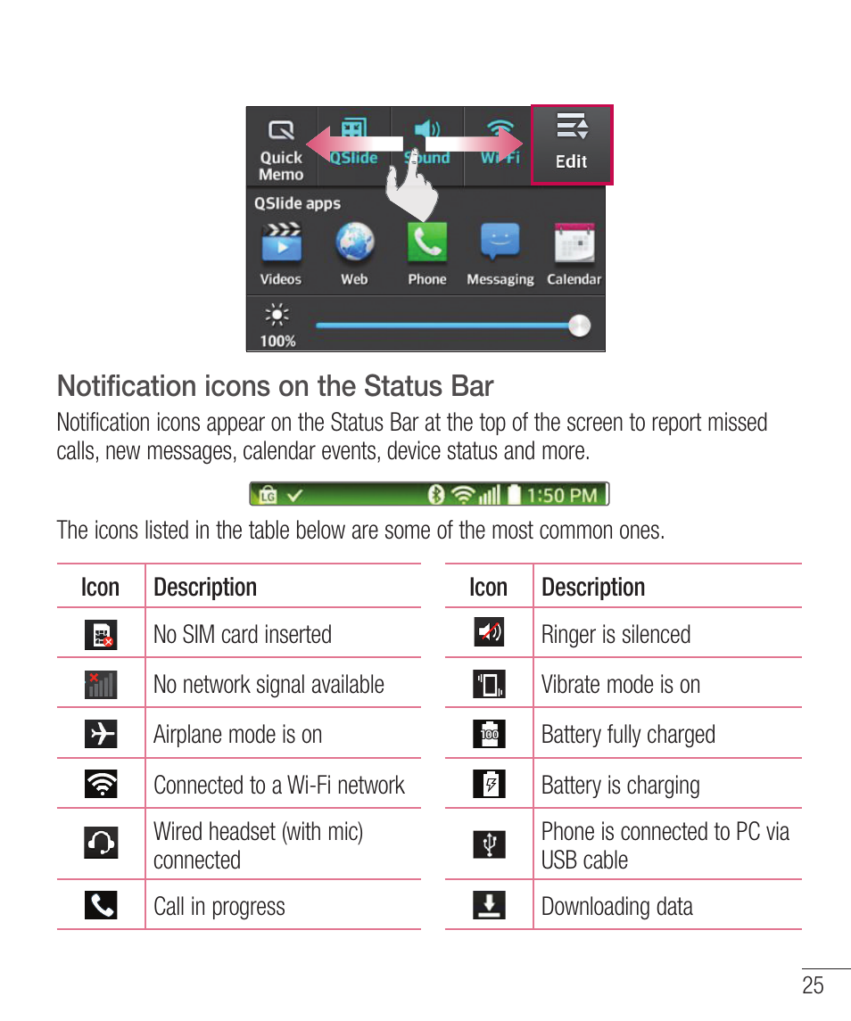 Notification icons on the status bar, Notiﬁcation icons on the status bar | LG LGD321 User Manual | Page 27 / 118