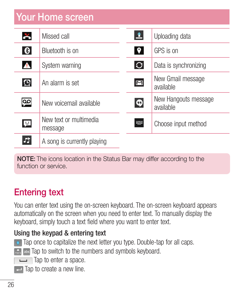 Entering text, Oufsjohufyu, Your home screen | LG LGD321 User Manual | Page 28 / 118