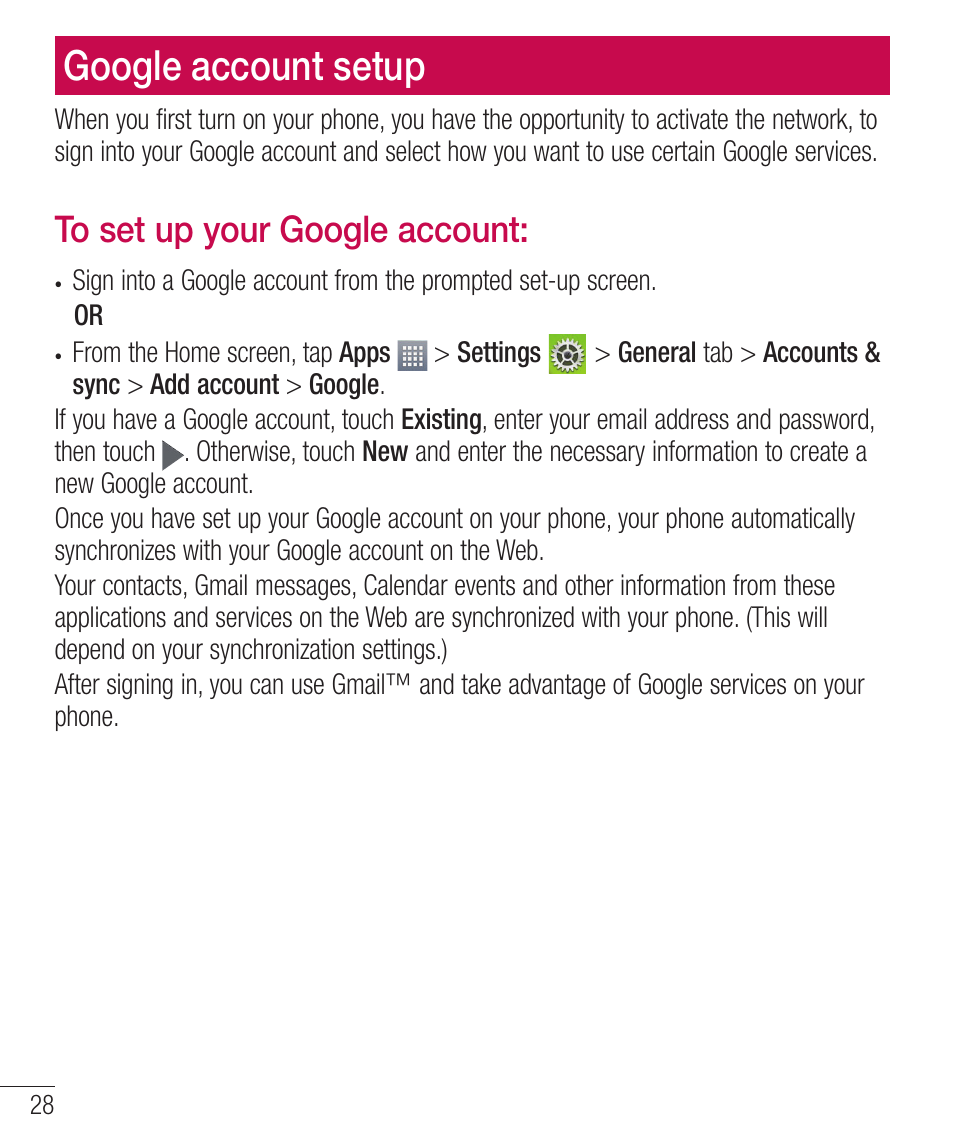 Google account setup | LG LGD321 User Manual | Page 30 / 118