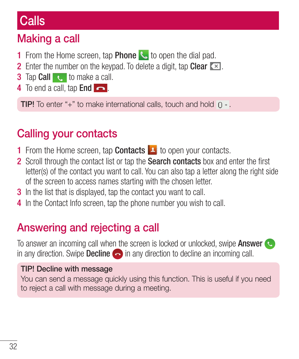 Calls, Making a call, Calling your contacts | Answering and rejecting a call, Bljohbdbmm, Bmmjohzpvsdpoubdut, Otxfsjohboesfkfdujohbdbmm | LG LGD321 User Manual | Page 34 / 118