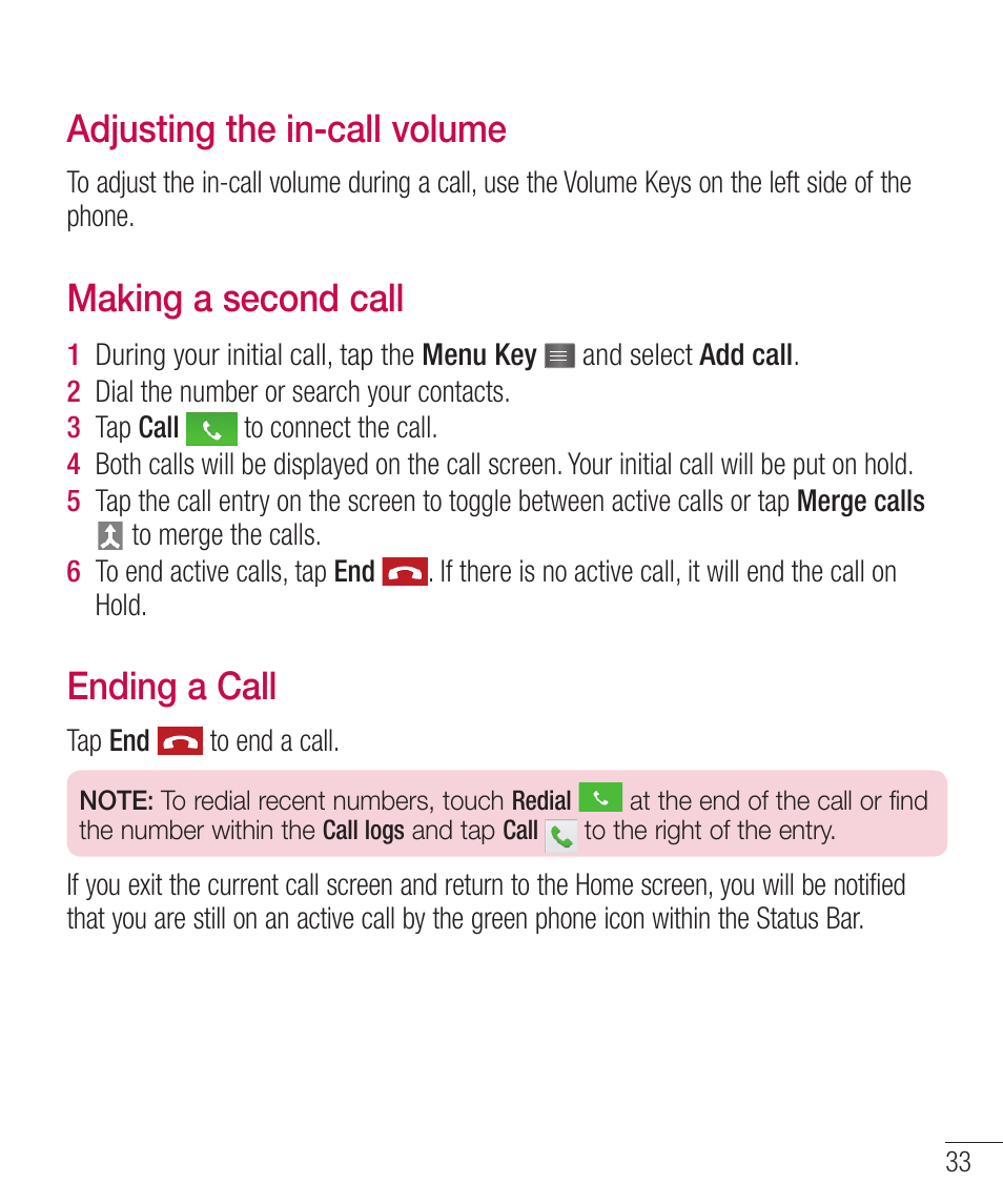 Adjusting the in-call volume, Making a second call, Ending a call | Ekvtujohuifjodbmmwpmvnf, Bljohbtfdpoedbmm, Oejohb$bmm | LG LGD321 User Manual | Page 35 / 118