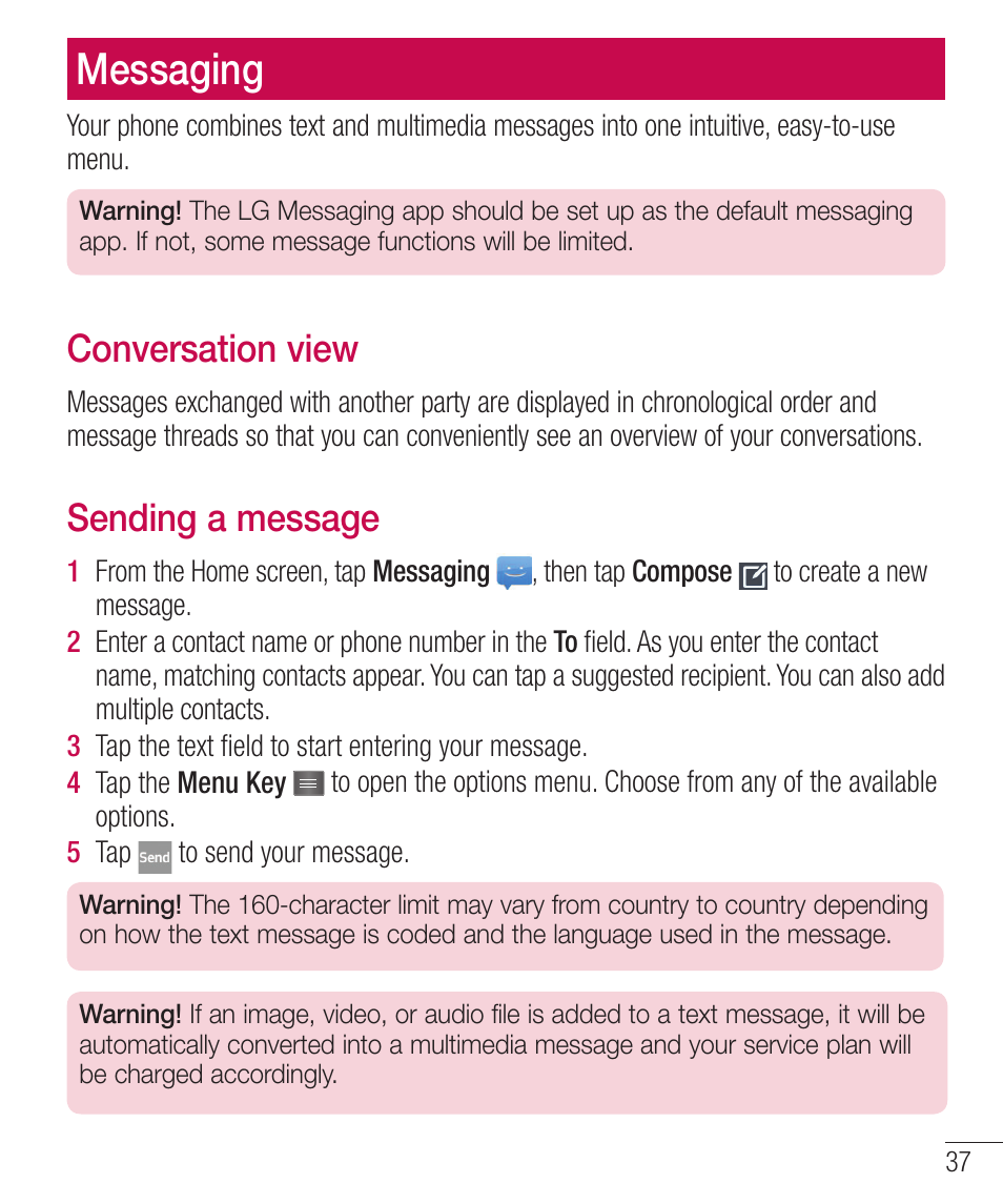 Messaging, Conversation view, Sending a message | Powfstbujpowjfx, 4foejohbnfttbhf | LG LGD321 User Manual | Page 39 / 118