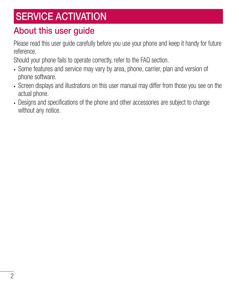 Service activation, About this user guide | LG LGD321 User Manual | Page 4 / 118