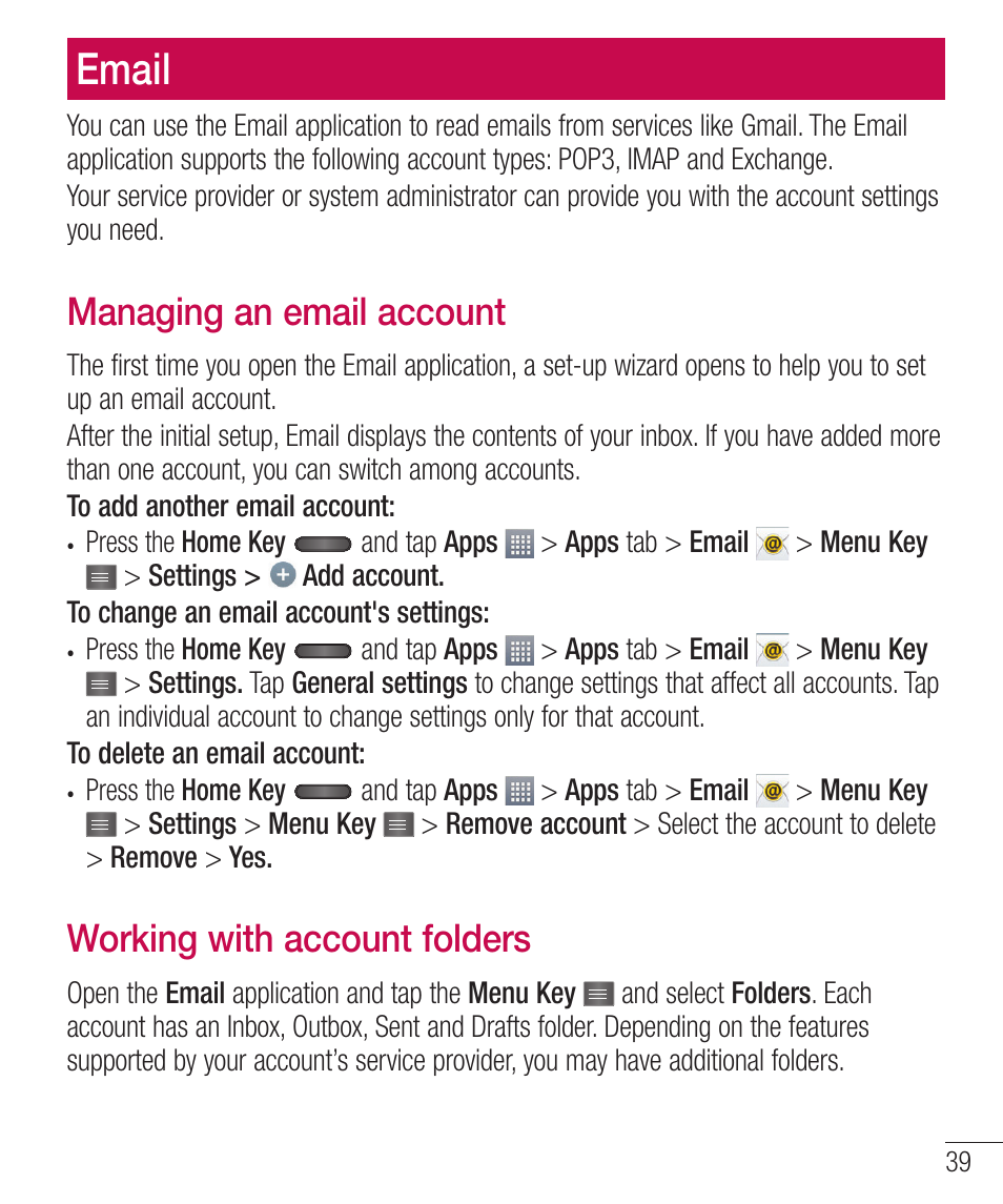 Email, Managing an email account, Working with account folders | Bobhjohbofnbjmbddpvou, 8psljohxjuibddpvougpmefst | LG LGD321 User Manual | Page 41 / 118