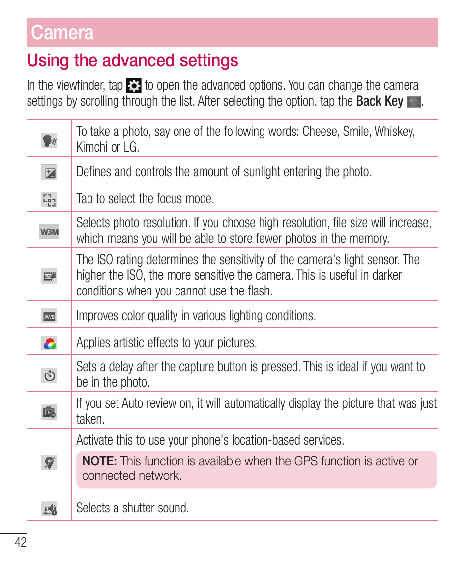 Using the advanced settings, 6tjohuifbewbodfetfuujoht, Camera | LG LGD321 User Manual | Page 44 / 118