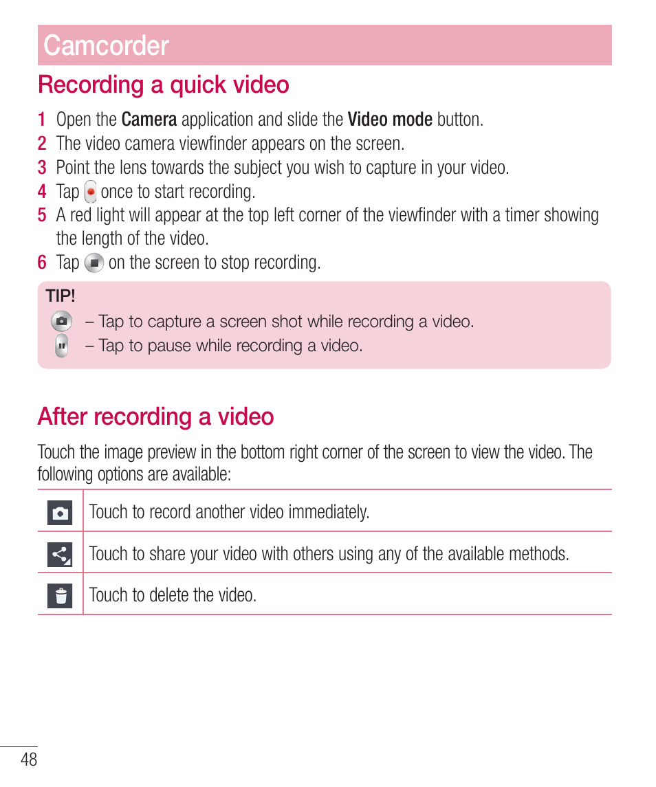 Recording a quick video, After recording a video, 3fdpsejohbrvjdlwjefp | Gufssfdpsejohbwjefp, Camcorder | LG LGD321 User Manual | Page 50 / 118