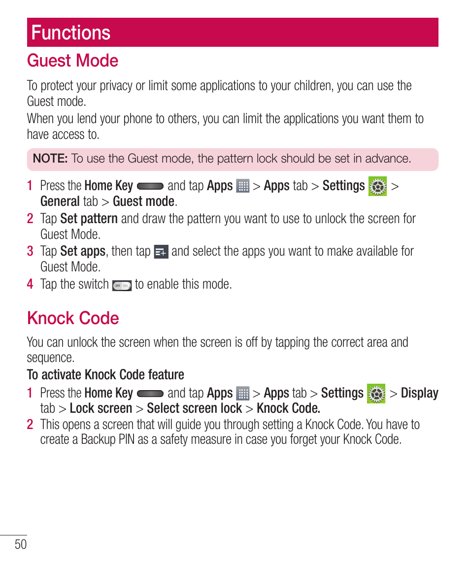 Functions, Guest mode, Knock code | Vftu.pef, Opdl$pef | LG LGD321 User Manual | Page 52 / 118