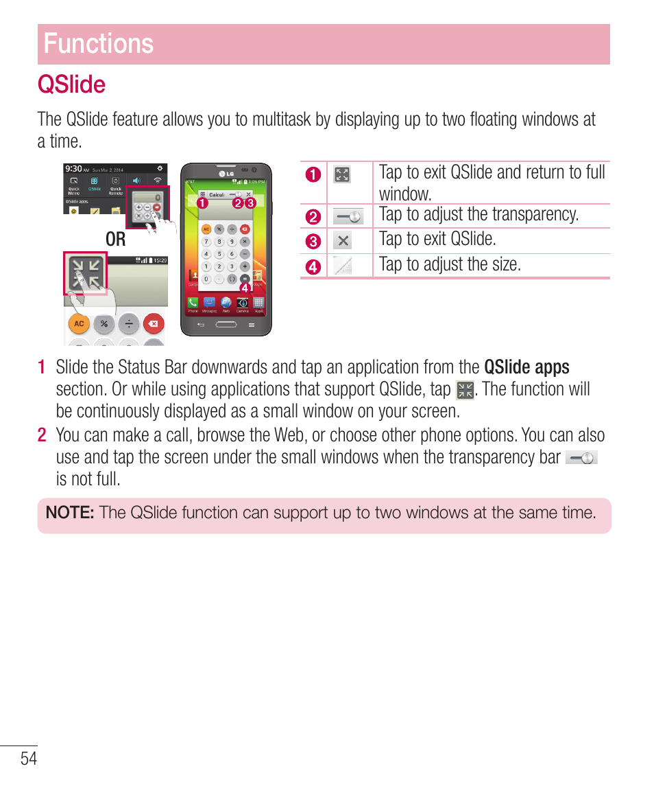 Qslide, 24mjef, Functions | LG LGD321 User Manual | Page 56 / 118