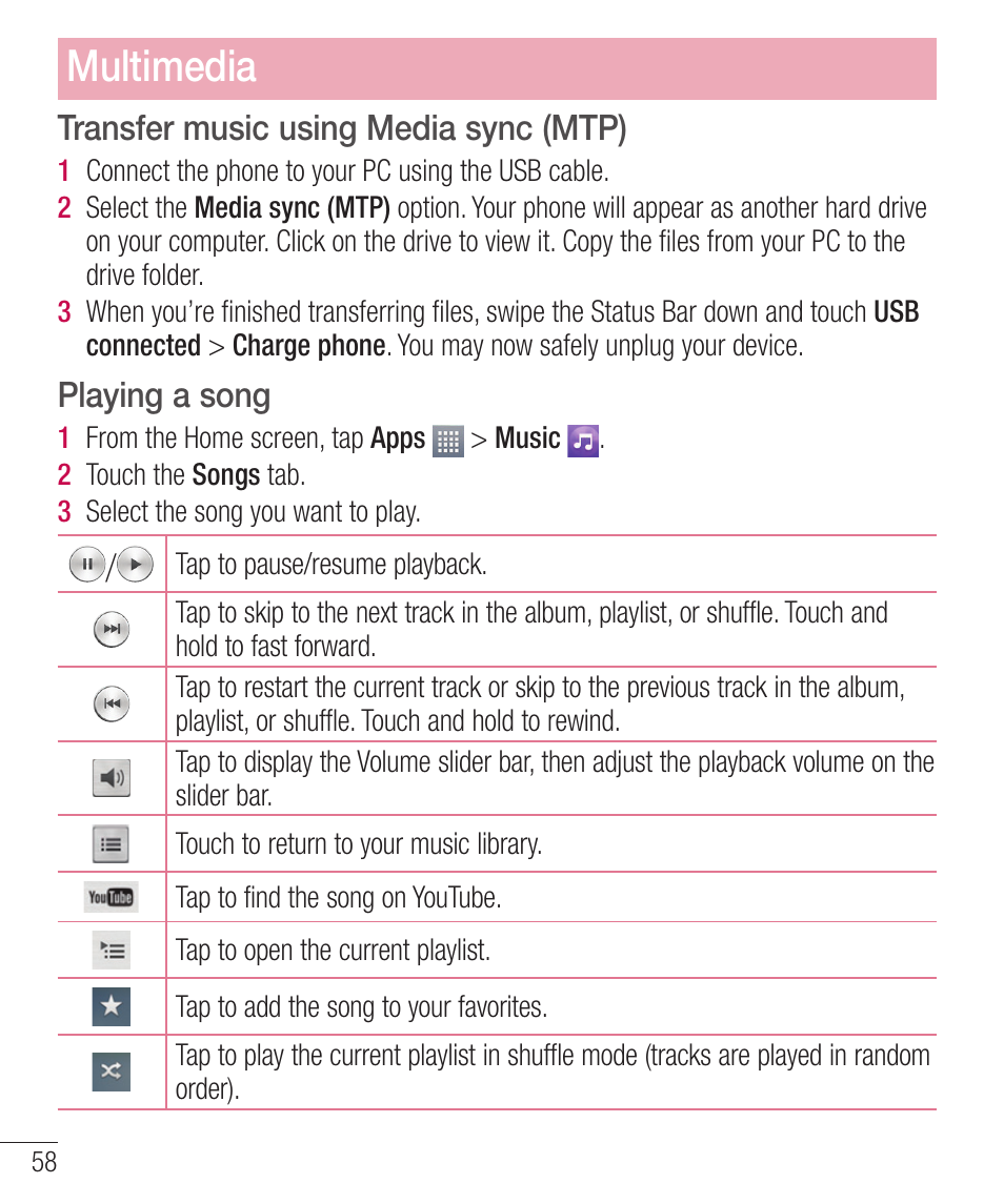 Transfer music using media sync (mtp), Playing a song, Multimedia | LG LGD321 User Manual | Page 60 / 118