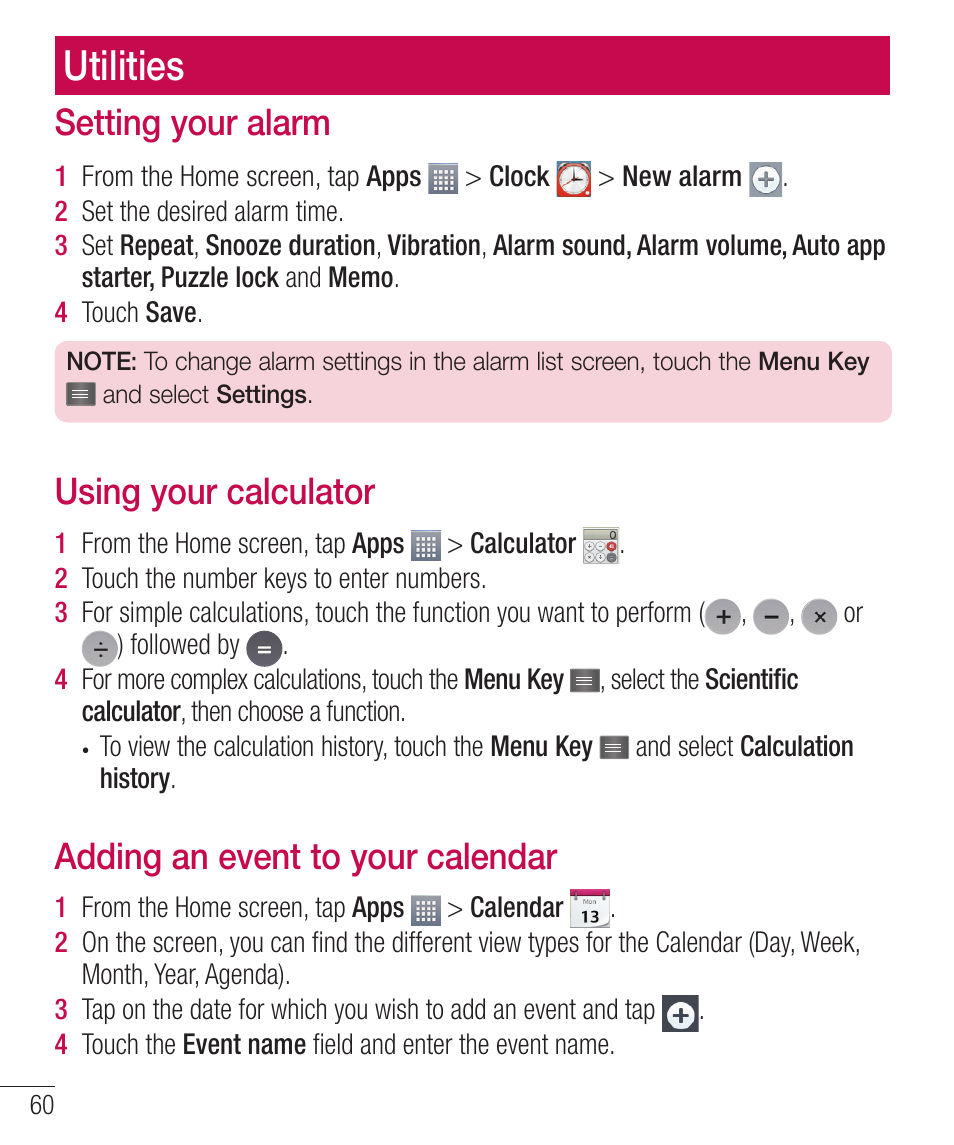 Utilities, Setting your alarm, Using your calculator | Adding an event to your calendar, 4fuujohzpvsbmbsn, 6tjohzpvsdbmdvmbups, Eejohbofwfouupzpvsdbmfoebs | LG LGD321 User Manual | Page 62 / 118