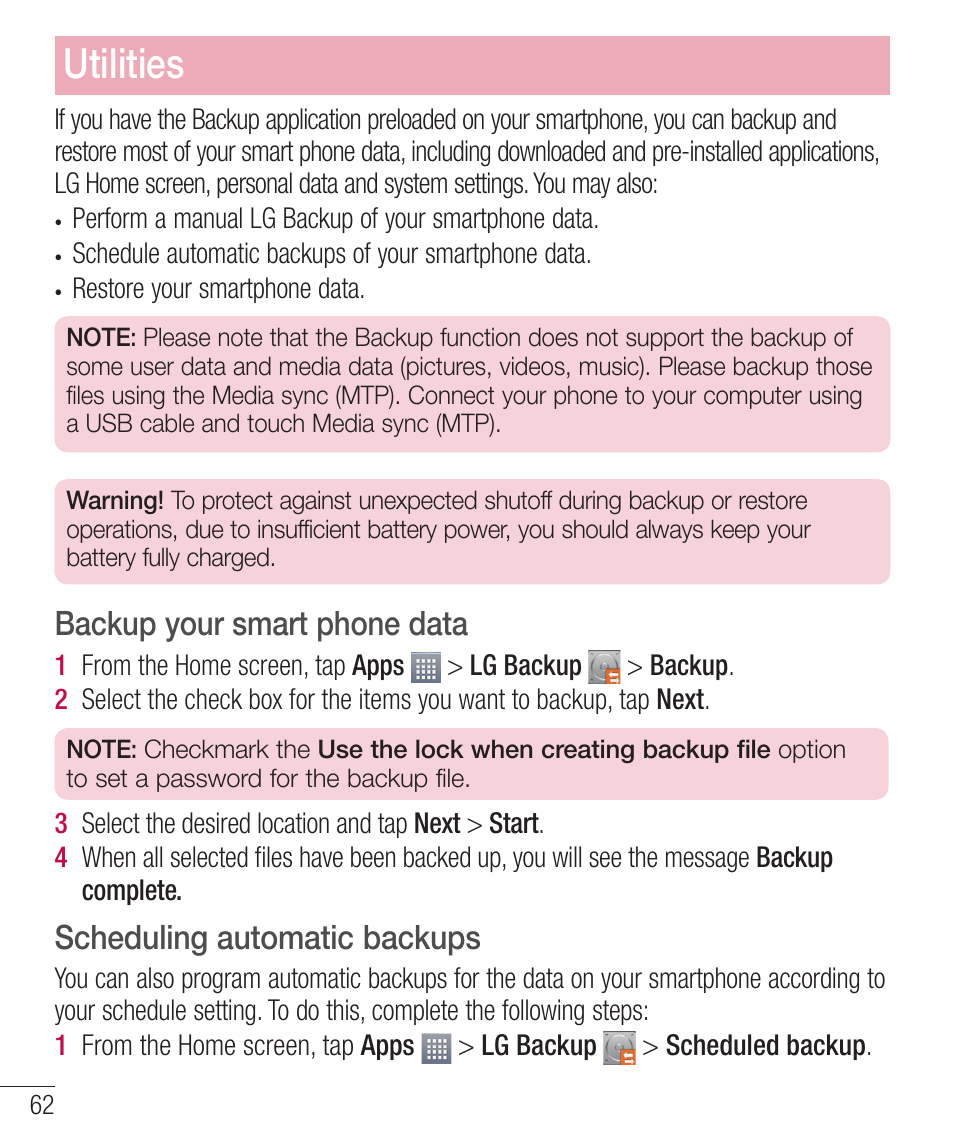 Backup your smart phone data, Scheduling automatic backups, Utilities | LG LGD321 User Manual | Page 64 / 118