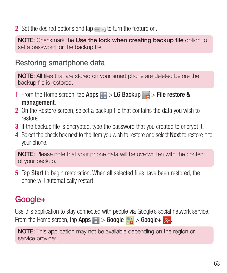 Restoring smartphone data, Google, Pphmf | LG LGD321 User Manual | Page 65 / 118