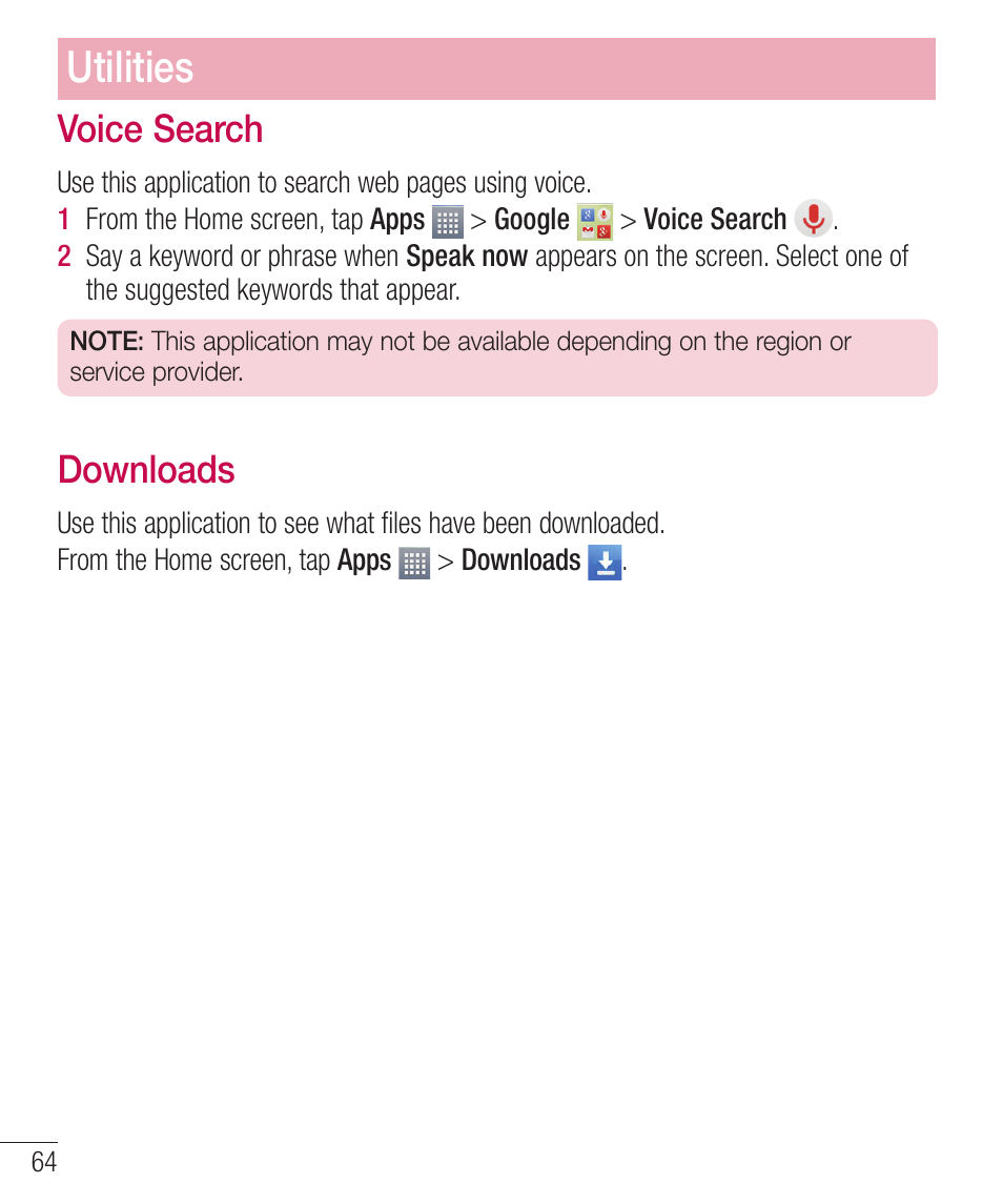 Voice search, Downloads, 7pjdf4fbsdi | Pxompbet, Utilities | LG LGD321 User Manual | Page 66 / 118