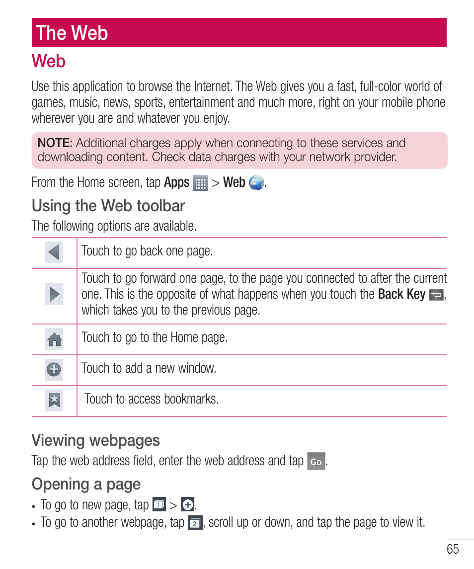 The web, Using the web toolbar, Viewing webpages | Opening a page | LG LGD321 User Manual | Page 67 / 118