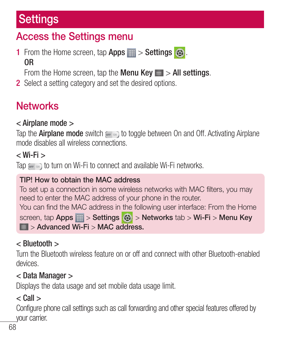 Settings, Access the settings menu, Networks | Ddfttuif4fuujohtnfov, Fuxpslt | LG LGD321 User Manual | Page 70 / 118