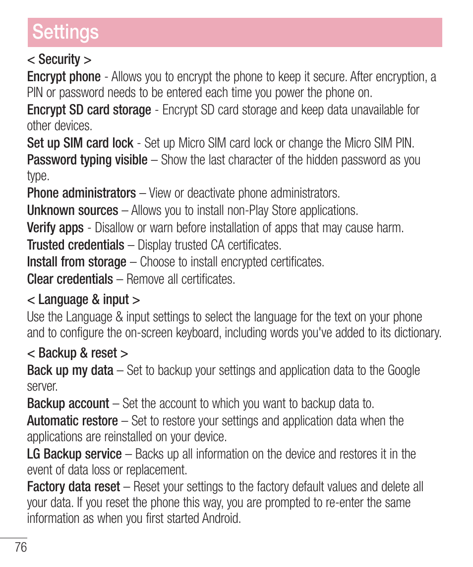 Settings | LG LGD321 User Manual | Page 78 / 118