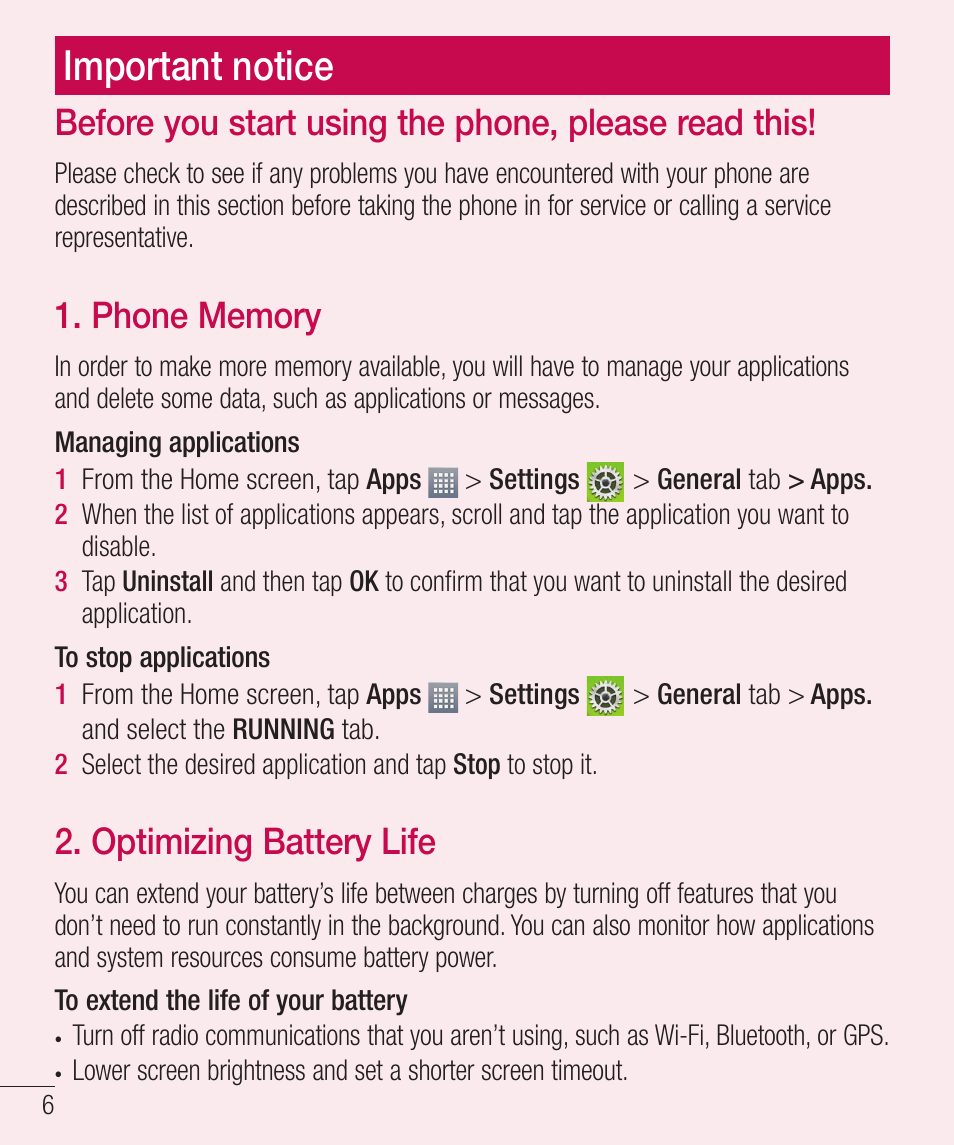 Important notice, Before you start using the phone, please read this, Optimizing battery life | LG LGD321 User Manual | Page 8 / 118